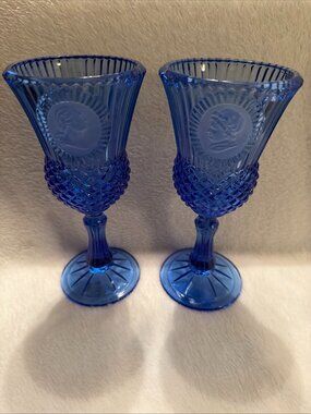 VINTAGE COBALT BLUE FOSTORIA GLASS GOBLETS MARTHA & GEORGE WASHINGTON CAMEOS EUC